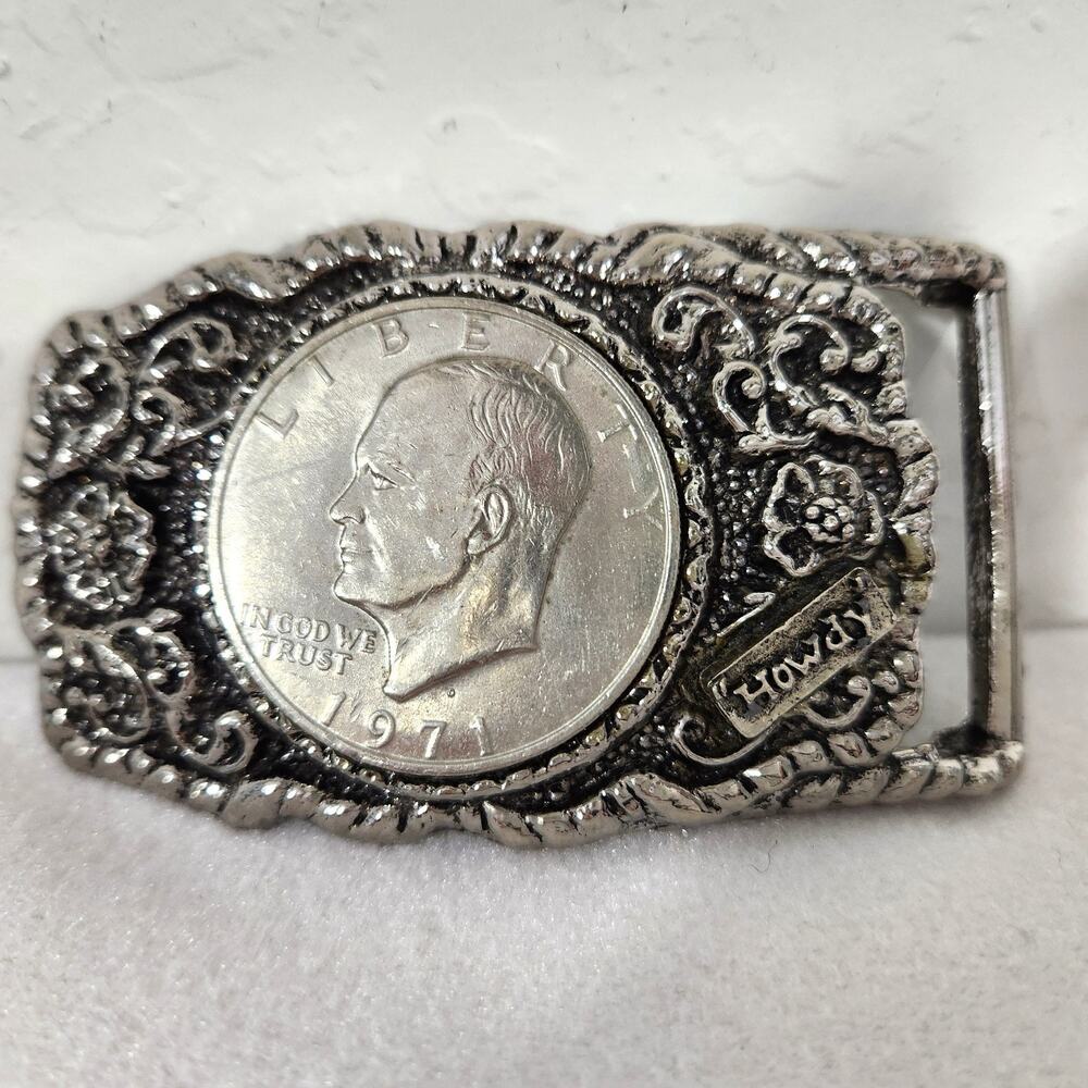 Howdy 1971 Eisenhower Dollar Coin Vintage Western 3.5x2 Belt Buckle